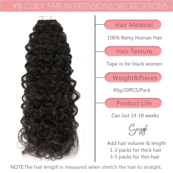 18inch Tape ins Jerry Curly Hair #1B Tape Hair Extensions Glue in 20pcs 50grams - Picture 6 of 7